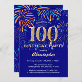 100th Birthday Navy Blu and Gold Rainbow Fireworks Kaart (Voorkant / Achterkant)