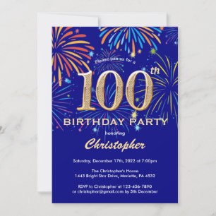 100th Birthday Navy Blu and Gold Rainbow Fireworks Kaart