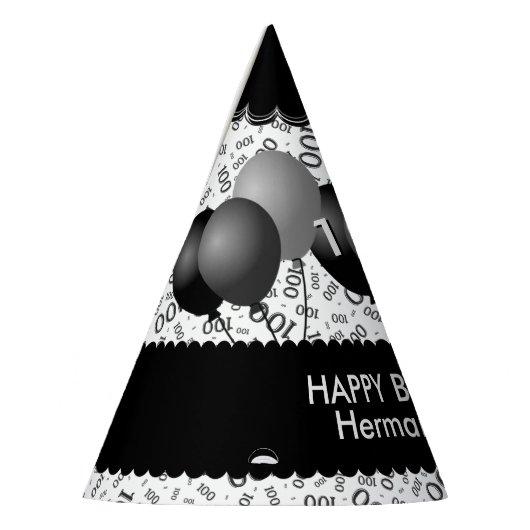 100th Birthday Number Pattern Black/White Scallops Feesthoedjes (Links)