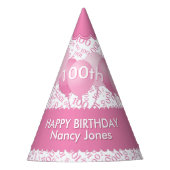 100th Birthday Number Pattern Pink/White Scallops Feesthoedjes (Voorkant)