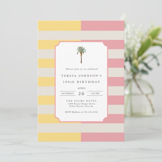 100th Birthday Palm Beach Pastel Stripe Tropical Kaart (Staand voorkant)