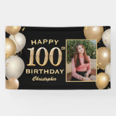 100th Birthday Party Black and Gold Balloons Foto Spandoek (Horizontaal)