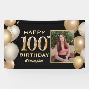 100th Birthday Party Black and Gold Balloons Foto Spandoek