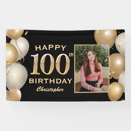 100th Birthday Party Black and Gold Balloons Foto Spandoek (Horizontaal)