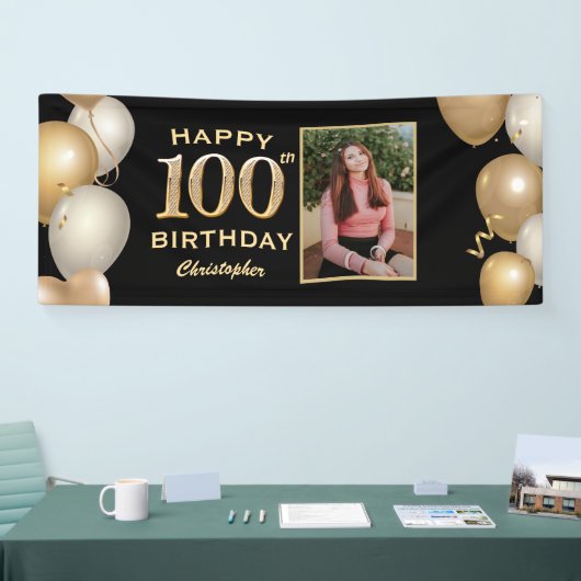 100th Birthday Party Black and Gold Balloons Foto Spandoek (Beurs)