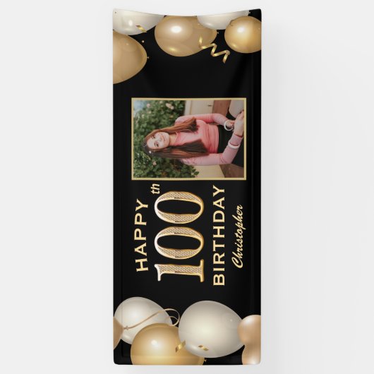 100th Birthday Party Black and Gold Balloons Foto Spandoek (Verticaal)