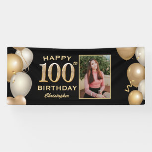 100th Birthday Party Black and Gold Balloons Foto Spandoek