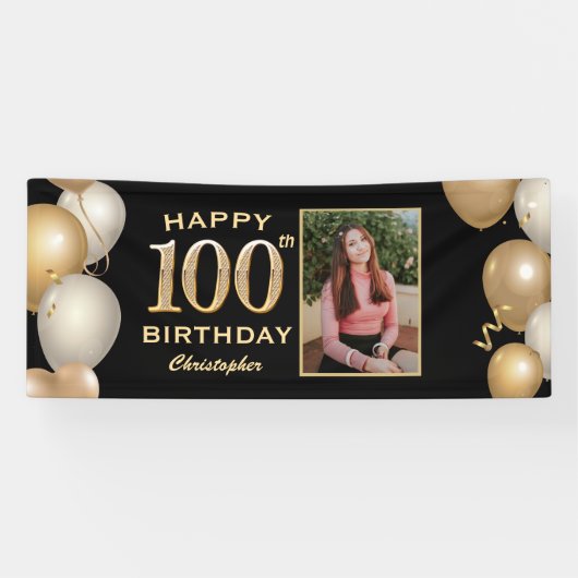 100th Birthday Party Black and Gold Balloons Foto Spandoek (Horizontaal)
