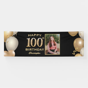 100th Birthday Party Black and Gold Balloons Foto Spandoek