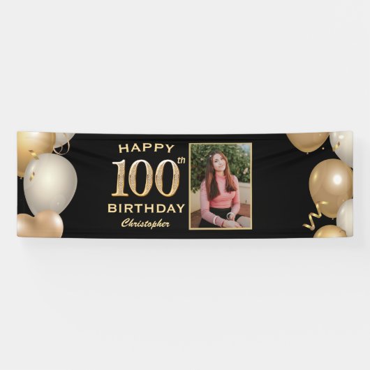 100th Birthday Party Black and Gold Balloons Foto Spandoek (Horizontaal)