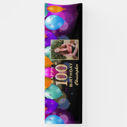 100th Birthday Party Black and Gold Balloons Foto Spandoek (Verticaal)