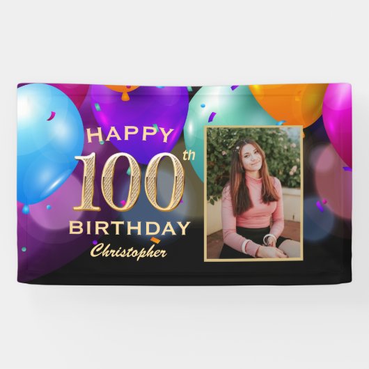 100th Birthday Party Black and Gold Balloons Foto Spandoek (Horizontaal)