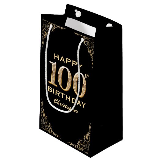 100th Birthday Party Black and Gold Glitter Lijst Klein Cadeauzakje (Voorkant Gekanteld)