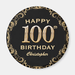 100th Birthday Party Black and Gold Glitter Lijst Magneet