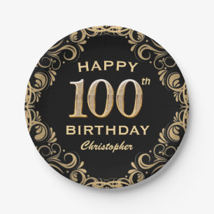 100th Birthday Party Black and Gold Glitter Lijst Papieren Bordje