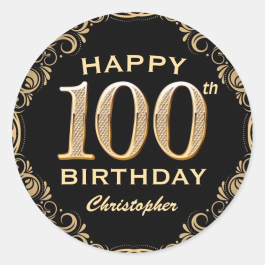 100th Birthday Party Black and Gold Glitter Lijst Ronde Sticker (Voorkant)