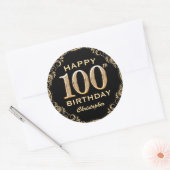100th Birthday Party Black and Gold Glitter Lijst Ronde Sticker (Envelop)