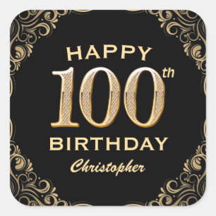 100th Birthday Party Black and Gold Glitter Lijst Vierkante Sticker