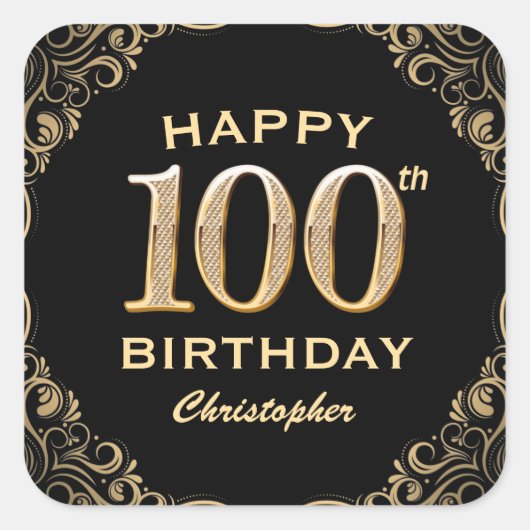 100th Birthday Party Black and Gold Glitter Lijst Vierkante Sticker (Voorkant)