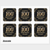 100th Birthday Party Black and Gold Glitter Lijst Vierkante Sticker (Vel)