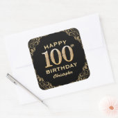 100th Birthday Party Black and Gold Glitter Lijst Vierkante Sticker (Envelop)
