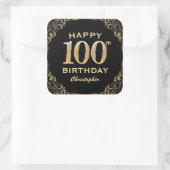 100th Birthday Party Black and Gold Glitter Lijst Vierkante Sticker (Tas)