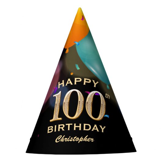 100th Birthday Party Black and Gold Party Pet Feesthoedjes (Voorkant)