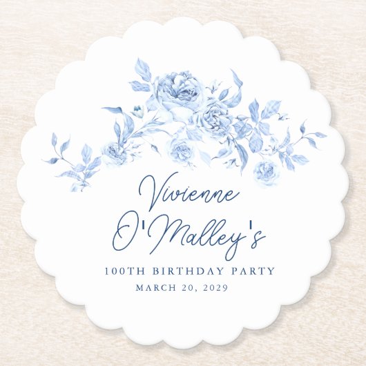 100th Birthday Party Blue Rose Floral Custom Kartonnen Onderzetters (Voorkant)