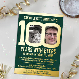 100th Birthday party cheer beers green gold photos Folie Uitnodiging