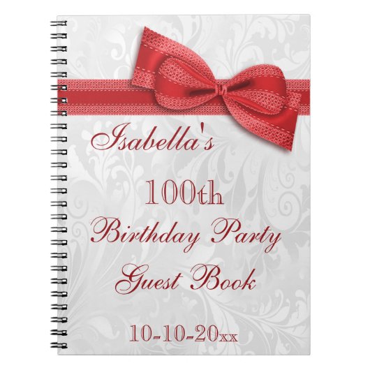 100th Birthday Party Damask and Bow Notitieboek (Voorkant)