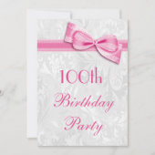 100th Birthday Party Damask and Pink Faux Bow Kaart (Voorkant)