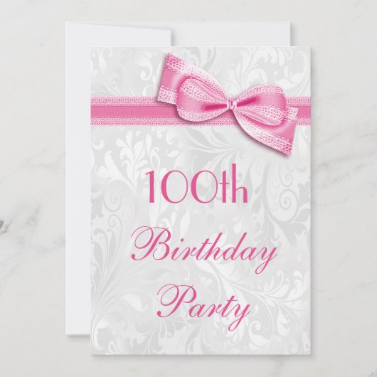 100th Birthday Party Damask and Pink Faux Bow Kaart (Voorkant)