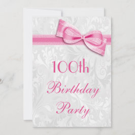 100th Birthday Party Damask and Pink Faux Bow Kaart
