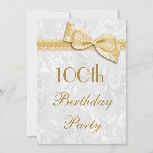 100th Birthday Party Damask en Faux Bow Kaart (Voorkant)