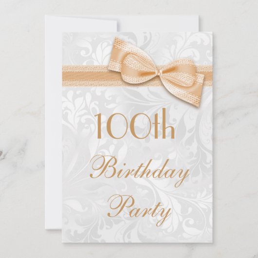 100th Birthday Party Damask en Faux Bow Kaart (Voorkant)