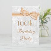 100th Birthday Party Damask en Faux Bow Kaart (Staand voorkant)