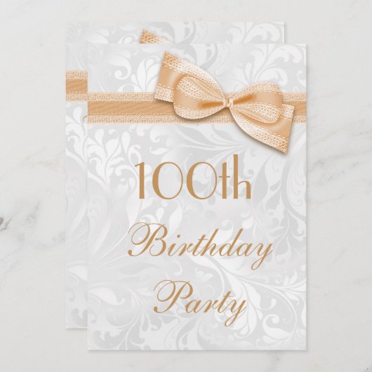 100th Birthday Party Damask en Faux Bow Kaart (Voorkant / Achterkant)
