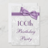 100th Birthday Party Damask en Faux Bow Kaart (Voorkant)