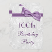 100th Birthday Party Damask en Faux Bow Kaart (Voorkant / Achterkant)