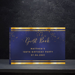 100th Birthday Party dark blue gold confetti Gastenboek