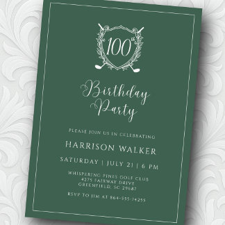100th Birthday Party Golf Crest Elegant Script Kaart