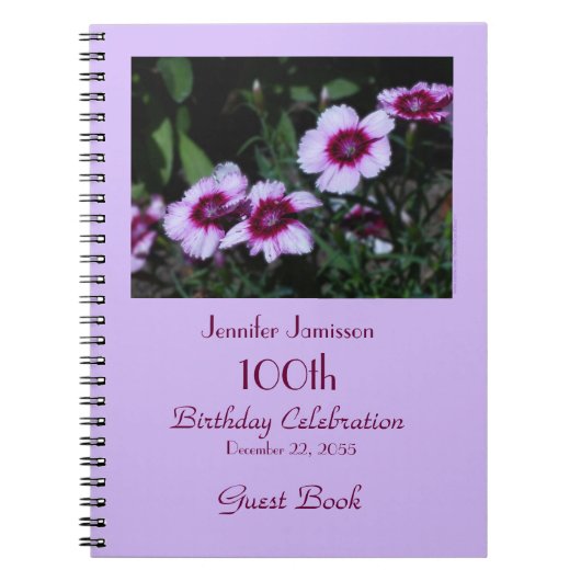 100th Birthday Party Guest Book, Purple Flowers Notitieboek (Voorkant)