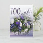 100th Birthday Party Invitation - Blue Bouquet Kaart (Staand voorkant)