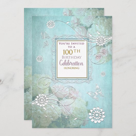 100th Birthday Party Invitation, Elegant Pastels Kaart (Voorkant / Achterkant)