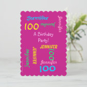 100th Birthday Party Invitation Hot Pink past zich Kaart (Staand voorkant)