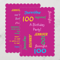 100th Birthday Party Invitation Hot Pink past zich
