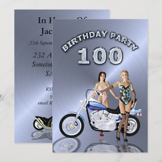 100th Birthday party Invitation with a motorbike Kaart (Voorkant / Achterkant)