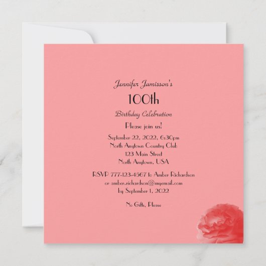 100th Birthday Party Koraal Roos, Naam, Vierkant Kaart (Achterkant)
