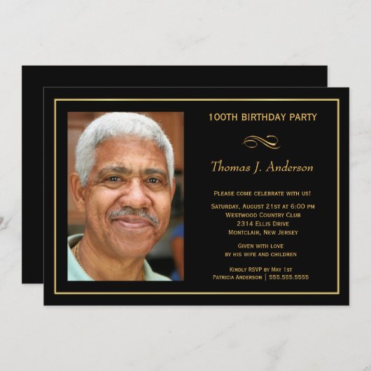 100th Birthday Party Mannen Black and Gold Photo Kaart (Voorkant / Achterkant)