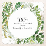 100th Birthday Party Modern Green Botanical Kartonnen Onderzetters<br><div class="desc">Honor a special person with this elegant personalized Birthday party napkin. A variety of leaves and vines creates a round botanical frame.</div>